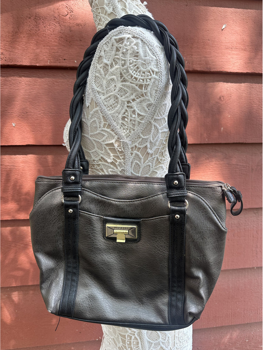 Rosetti Black Faux Leather Tote Bag with Braided Handles